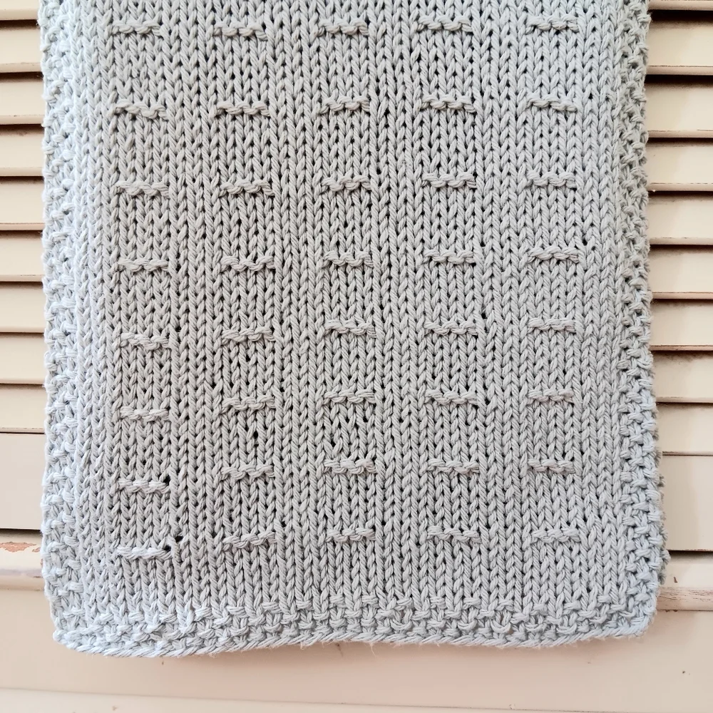 Hand Crafted Hand Knit Light Silver Gray Textured Dash Stripe Cotton Hand Towel